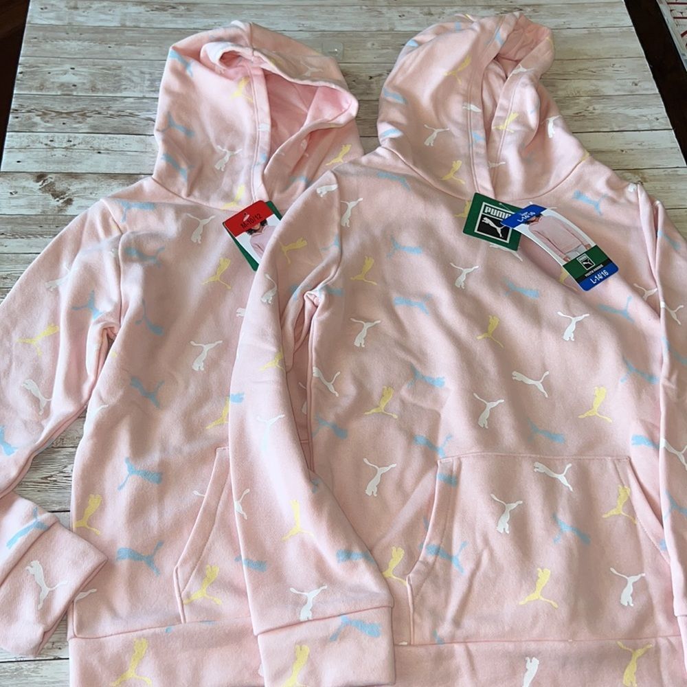 PUMA Youth Hoodie Sweatshirt Pink W/Yellow Blue White Cat Logo All Over NWT Kids - Picture 8 of 11